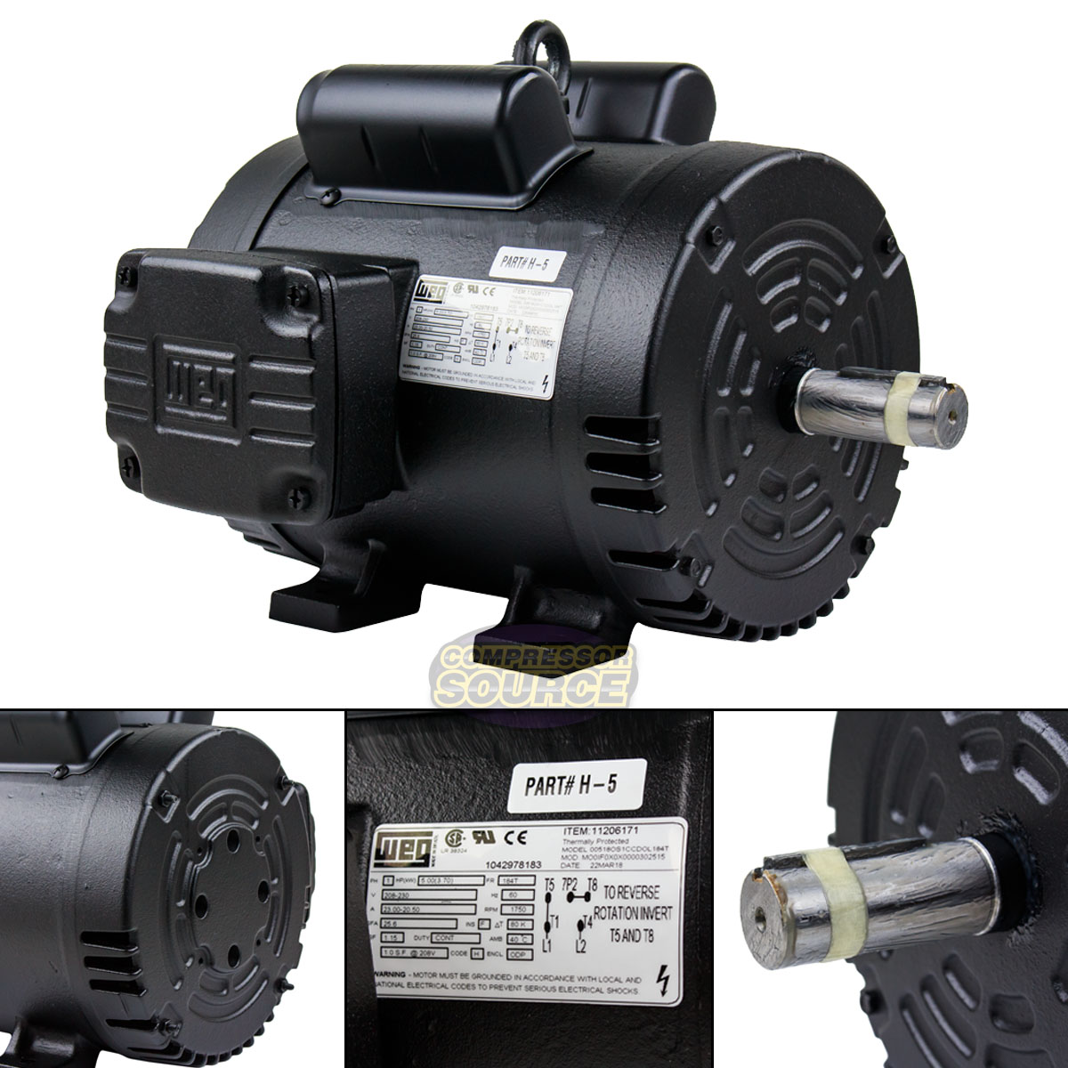 5 HP Air Compressor Duty Electric Motor 184T 1745 RPM 1 Phase Manual
